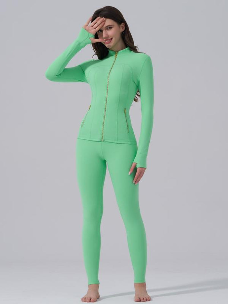 Women'S Sporty Tracksuit Set, Golden Color Zipper Jacket with Pockets & Yoga Pants, Thumbholes Design, Casual Wear for Women, Yoga Clothes Set