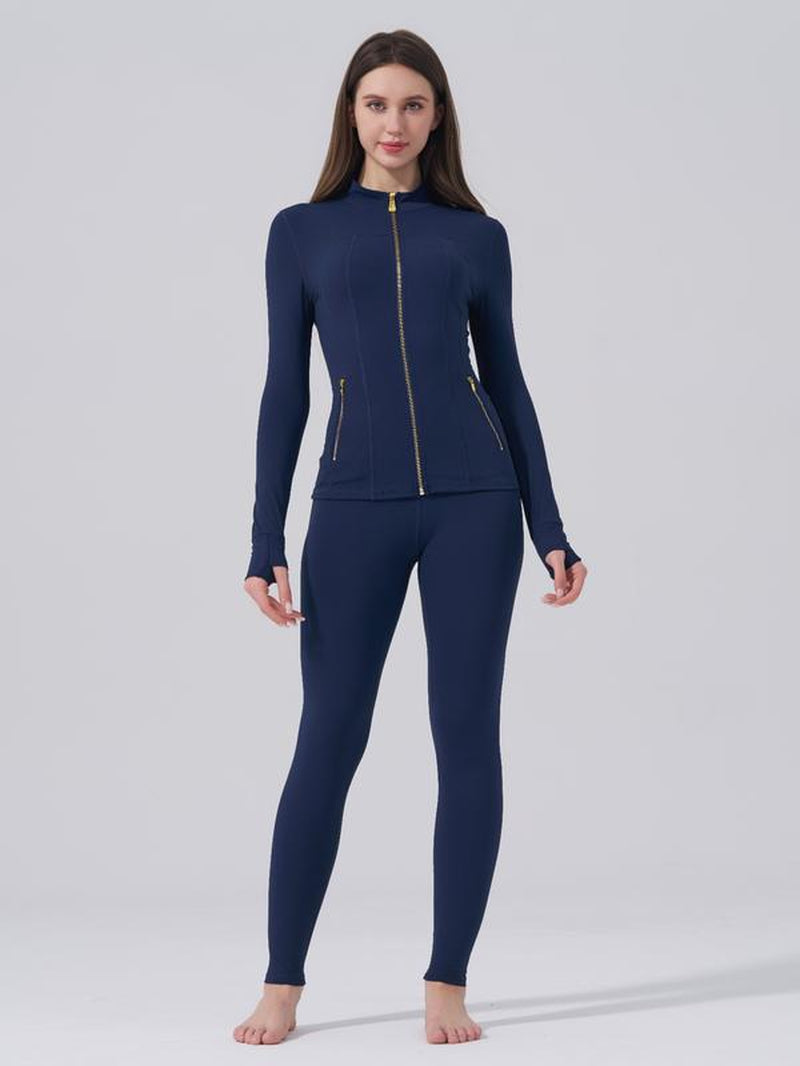 Women'S Sporty Tracksuit Set, Golden Color Zipper Jacket with Pockets & Yoga Pants, Thumbholes Design, Casual Wear for Women, Yoga Clothes Set